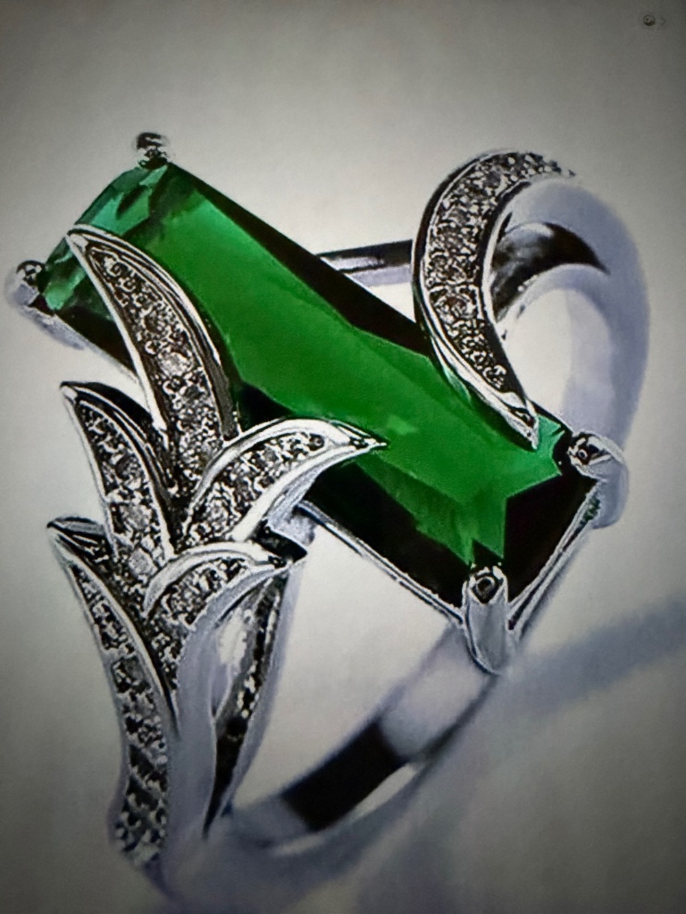 4 carat Emerald Ring:  Pave Set CZs, 14kt White Gold/ Silver
